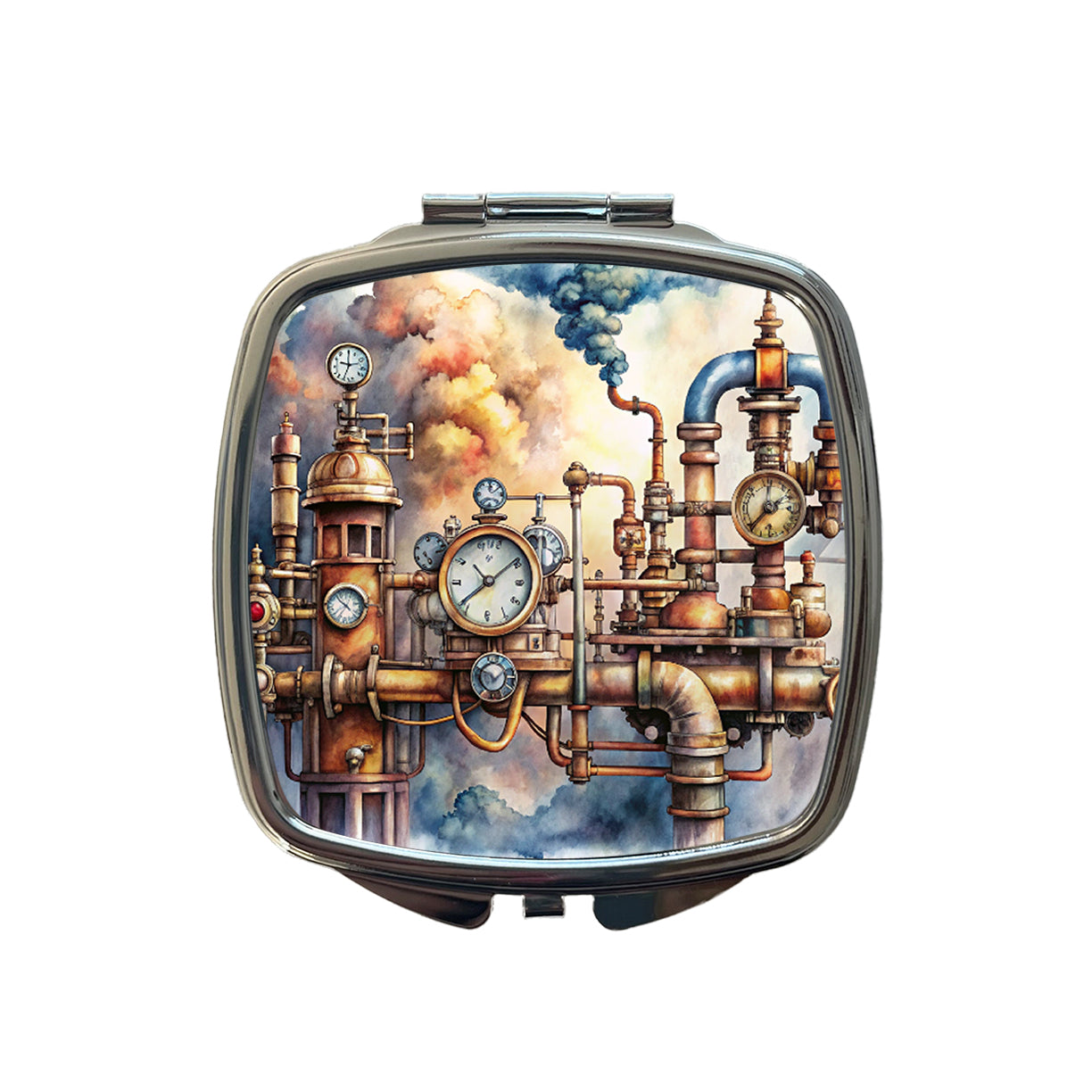 Sci-fi Steampunk Pipes Steam Gauges Watercolor Small Travel Purse Handbag Pocket Makeup Compact Mirror