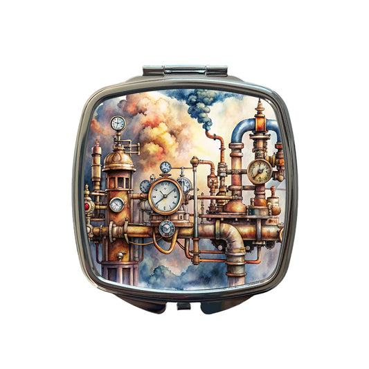 Sci-fi Steampunk Pipes Steam Gauges Watercolor Small Travel Purse Handbag Pocket Makeup Compact Mirror