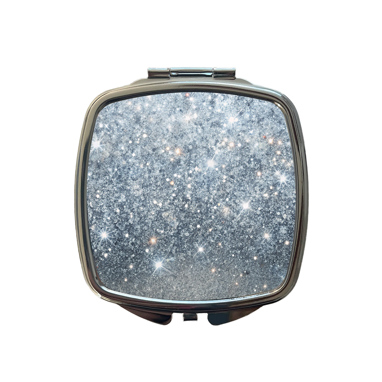 Silver Faux Glitter Small Travel Purse Handbag Pocket Makeup Compact Mirror