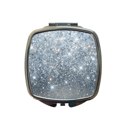 Silver Faux Glitter Small Travel Purse Handbag Pocket Makeup Compact Mirror