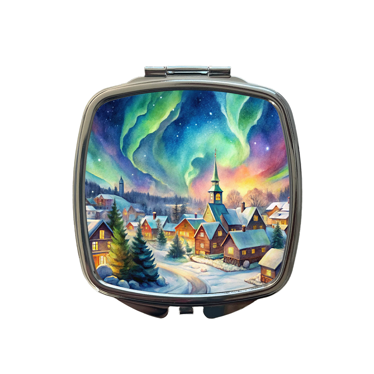 Small Town Northern Lights Watercolor Small Travel Purse Handbag Pocket Makeup Compact Mirror