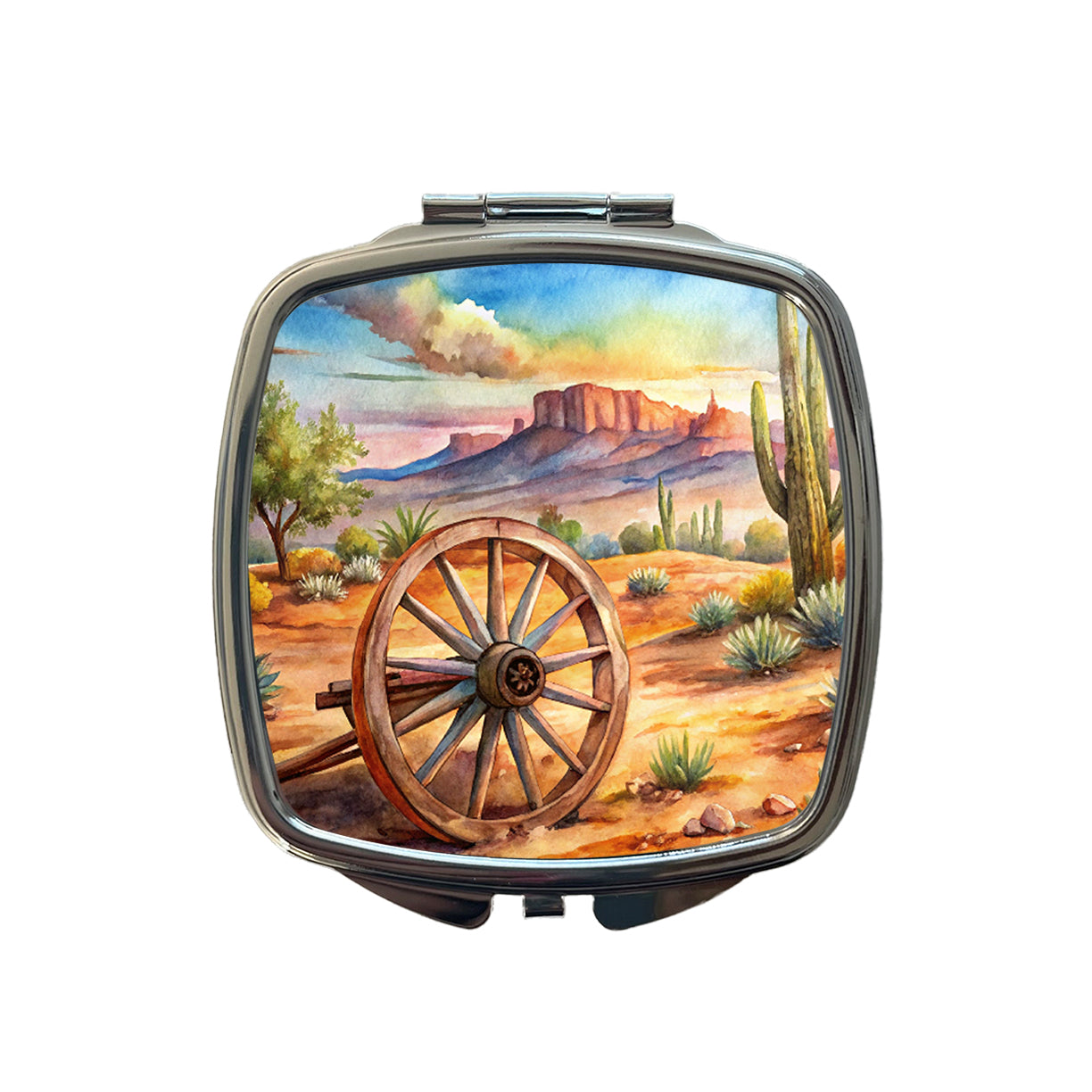 Southwest Desert With Abandoned Wagon Wheel Watercolor Small Travel Purse Handbag Pocket Makeup Compact Mirror