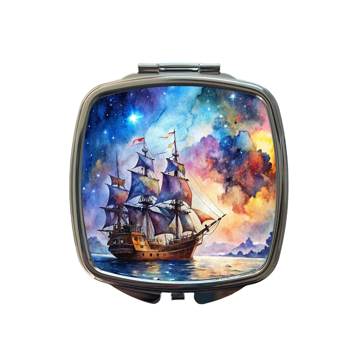 Space Pirate Ship Watercolor Small Travel Purse Handbag Pocket Makeup Compact Mirror