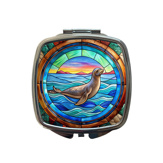Stained Glass Seal In The Ocean Small Travel Purse Handbag Pocket Makeup Compact Mirror