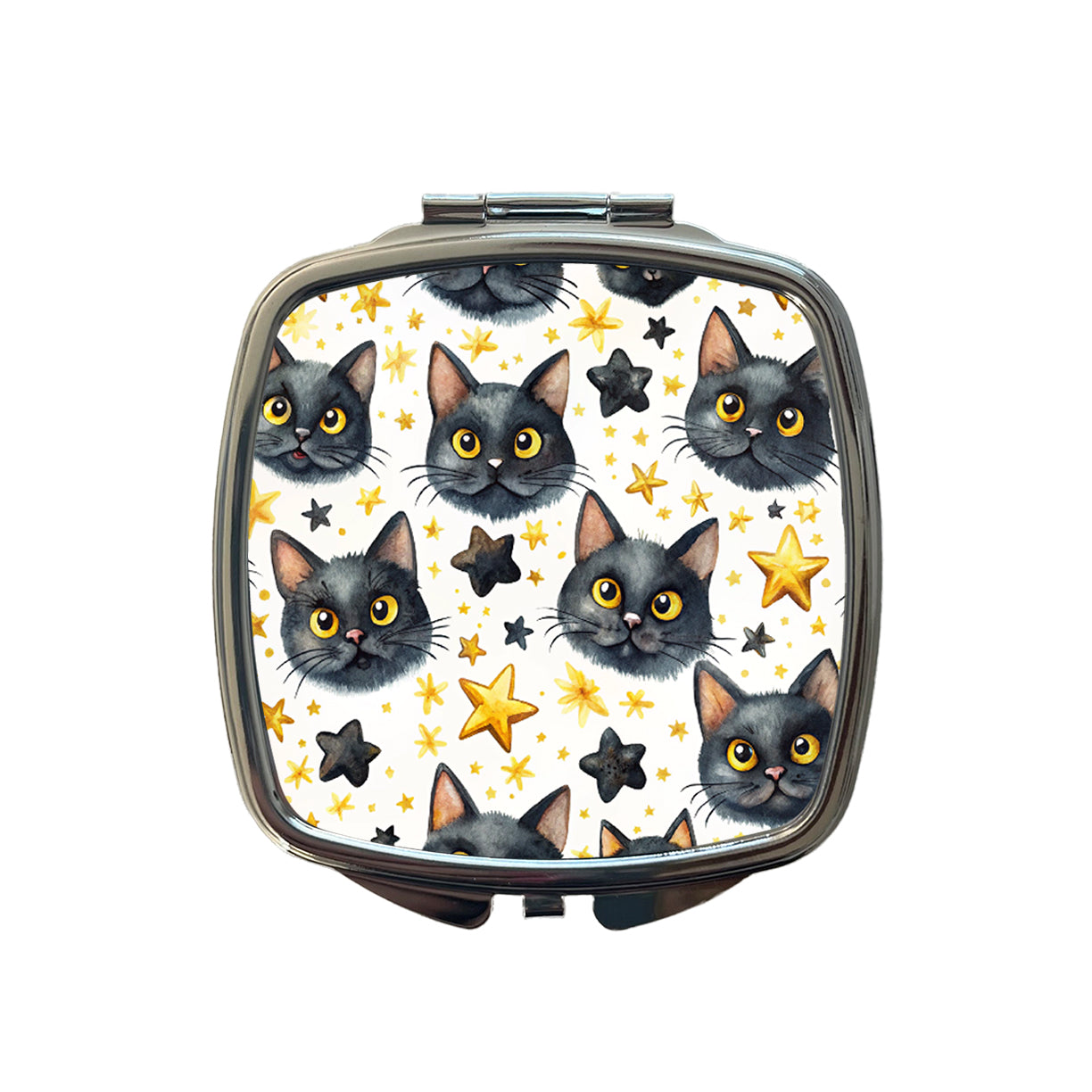 Sweet Black Cat Faces Yellow Stars Small Travel Purse Handbag Pocket Makeup Compact Mirror