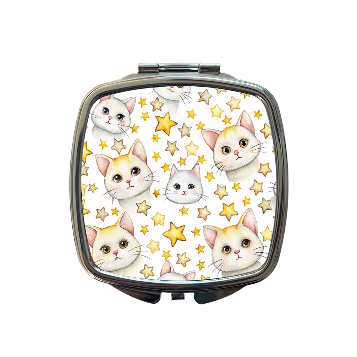 Sweet White Cats Yellow Stars Small Travel Purse Handbag Pocket Makeup Compact Mirror