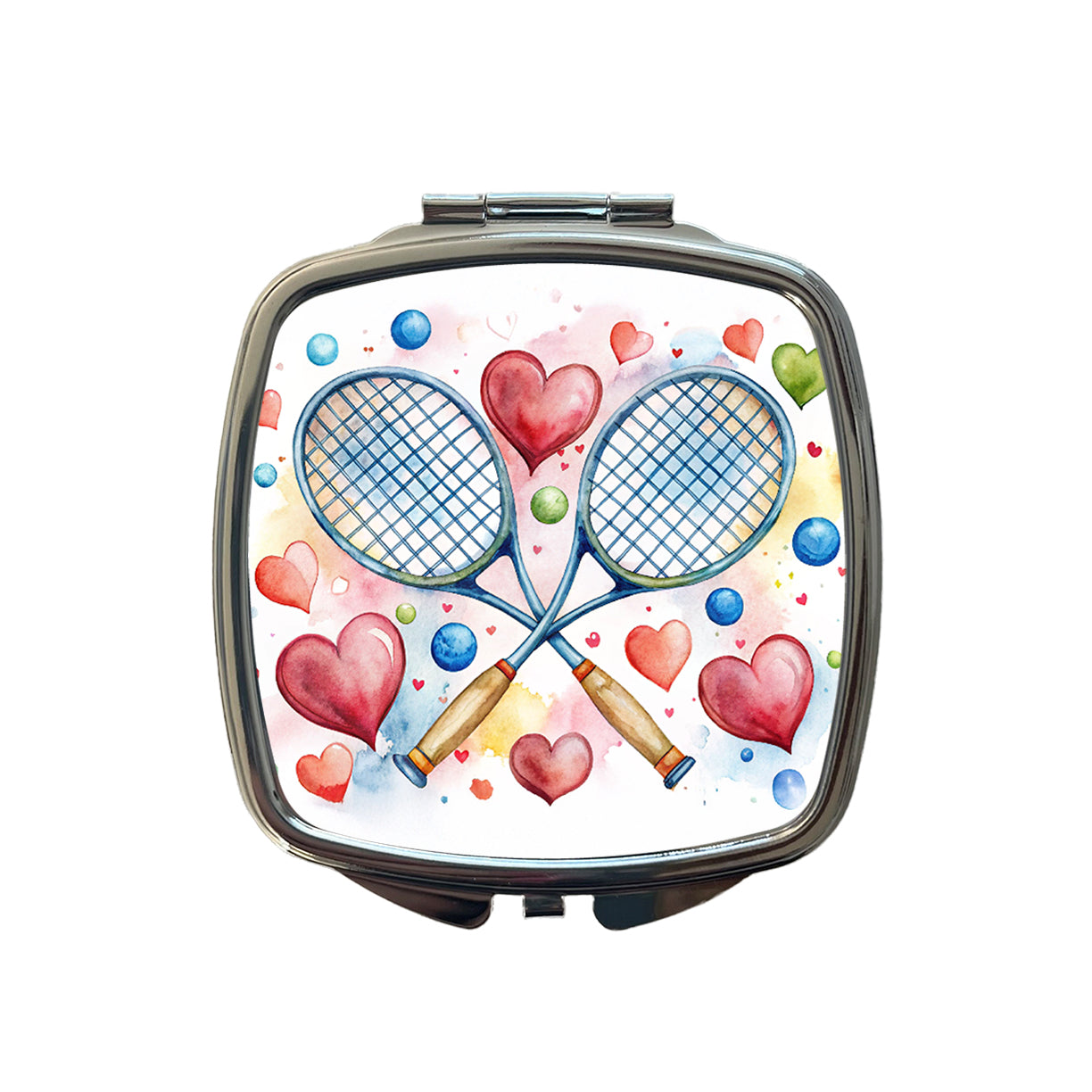 Tennis Rackets Crossed With Hearts Watercolor Small Travel Purse Handbag Pocket Makeup Compact Mirror