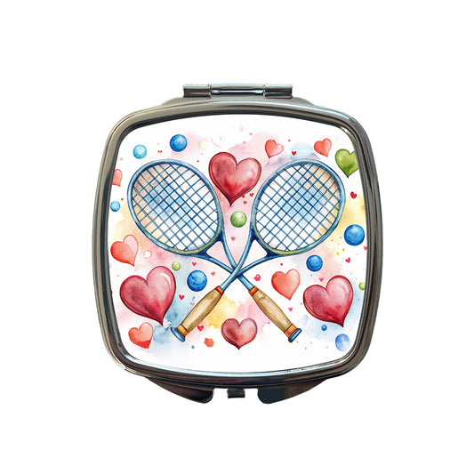 Tennis Rackets Crossed With Hearts Watercolor Small Travel Purse Handbag Pocket Makeup Compact Mirror