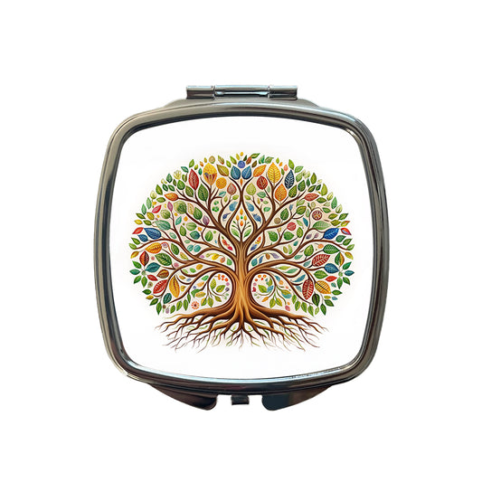 Tree Of Life Design With Multi-color Leaves Small Travel Purse Handbag Pocket Makeup Compact Mirror