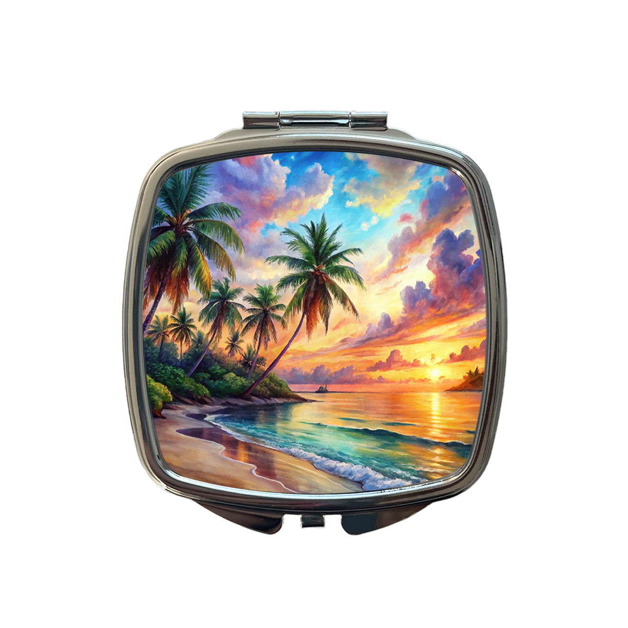 Tropical Beach At Sunset Watercolor Small Travel Purse Handbag Pocket Makeup Compact Mirror