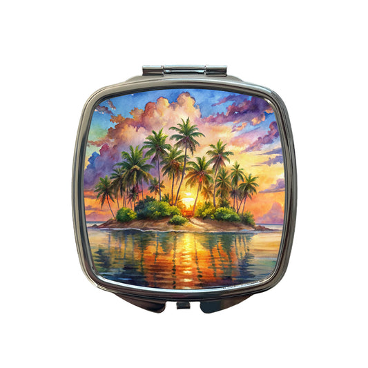 Tropical Deserted Island At Sunrise Watercolor Small Travel Purse Handbag Pocket Makeup Compact Mirror