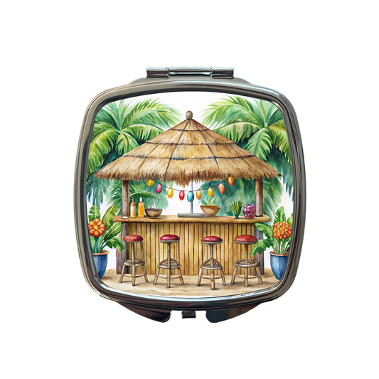 Tropical Resort Beach Tiki Bar Watercolor Small Travel Purse Handbag Pocket Makeup Compact Mirror
