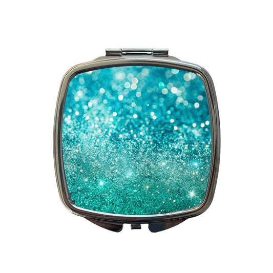 Turquoise Faux Glitter Small Travel Purse Handbag Pocket Makeup Compact Mirror