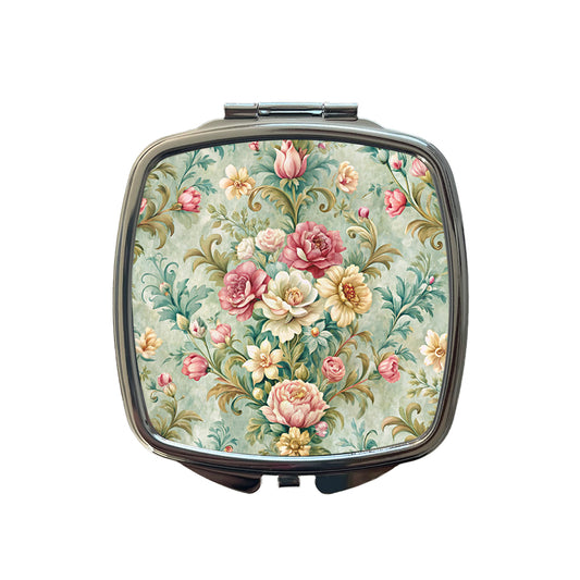 Victorian Flowers Floral Wallpaper Small Travel Purse Handbag Pocket Makeup Compact Mirror