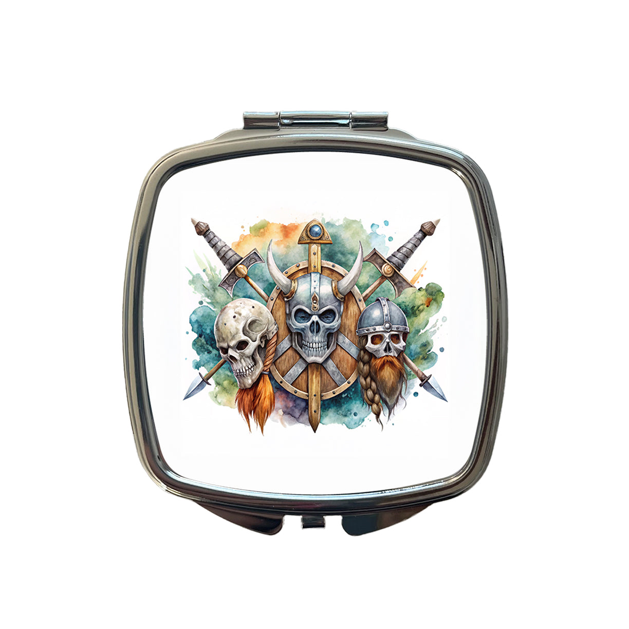 Viking Symbols Shields Swords Skulls Watercolor Small Travel Purse Handbag Pocket Makeup Compact Mirror