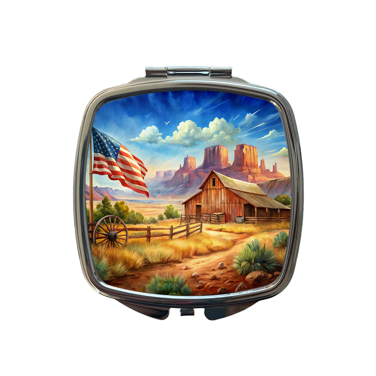 Western Americana Country Flag Ranch Wagon Wheel Small Travel Purse Handbag Pocket Makeup Compact Mirror