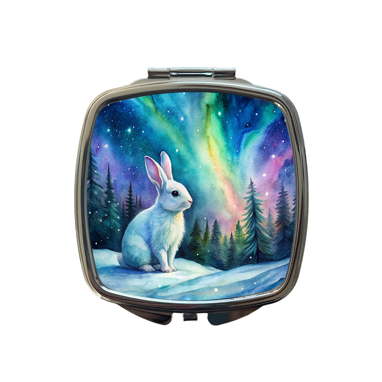 White Bunny Rabbit And Northern Lights Watercolor Small Travel Purse Handbag Pocket Makeup Compact Mirror