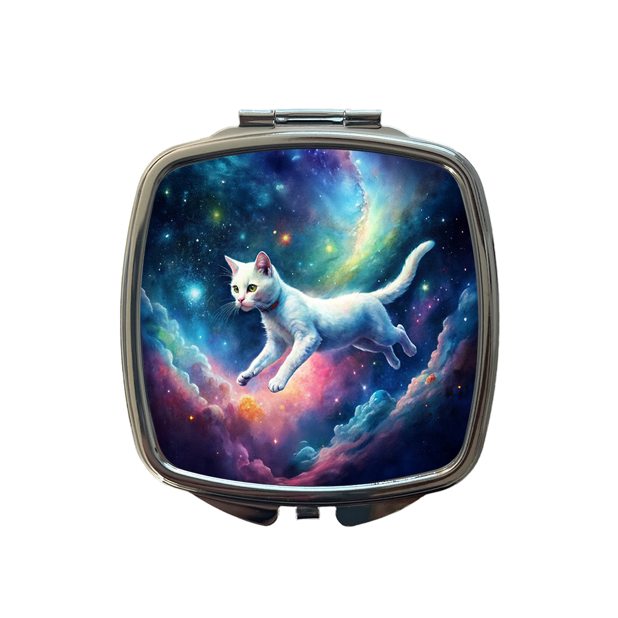 White Cat Flying Through Space Funny Watercolor Small Travel Purse Handbag Pocket Makeup Compact Mirror