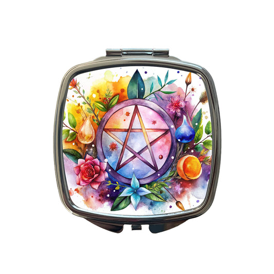 Witch Wiccan Pentagram Floral Watercolor Small Travel Purse Handbag Pocket Makeup Compact Mirror