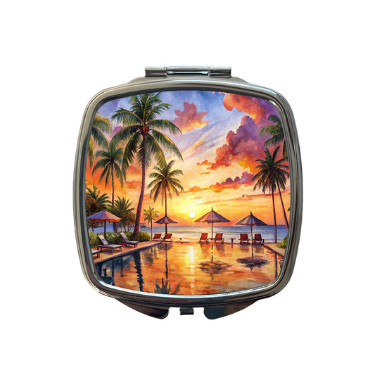 Beach Resort At Sunset Sunrise Tropical Watercolor Small Travel Purse Handbag Pocket Makeup Compact Mirror