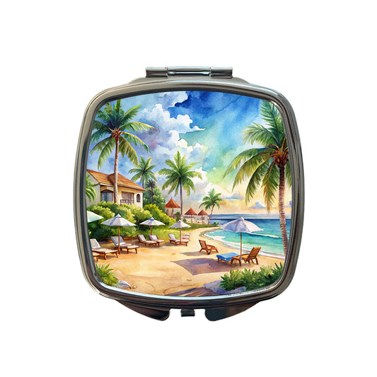 Beach Resort Tropical Scene Watercolor Small Travel Purse Handbag Pocket Makeup Compact Mirror