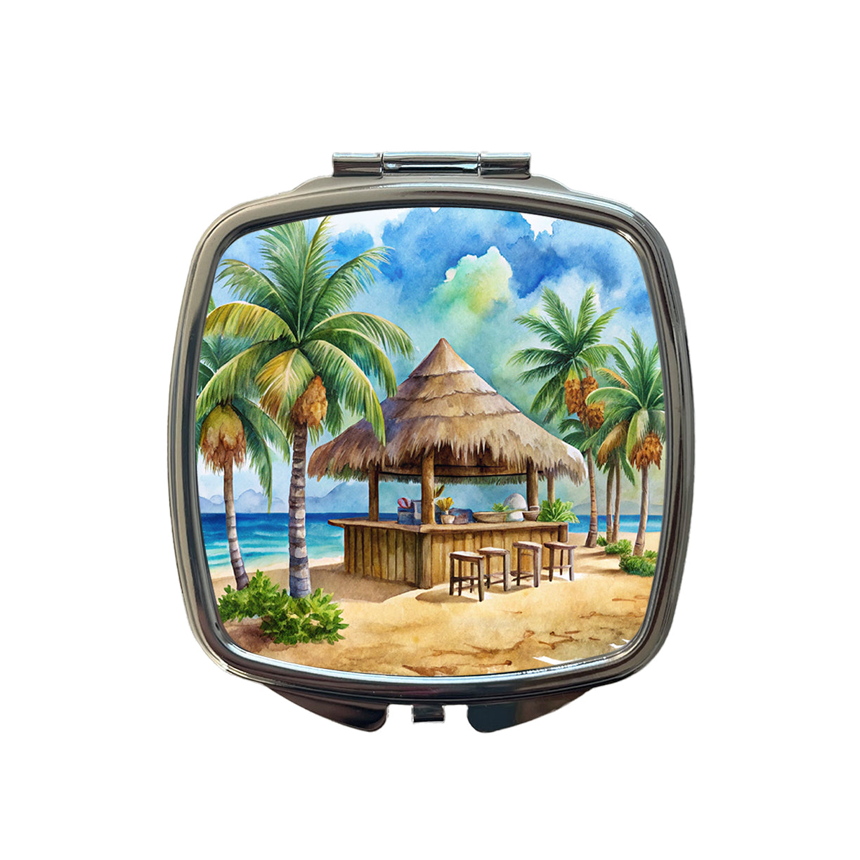 Beach Resort Tropical Scene With Tiki Bar Small Travel Purse Handbag Pocket Makeup Compact Mirror