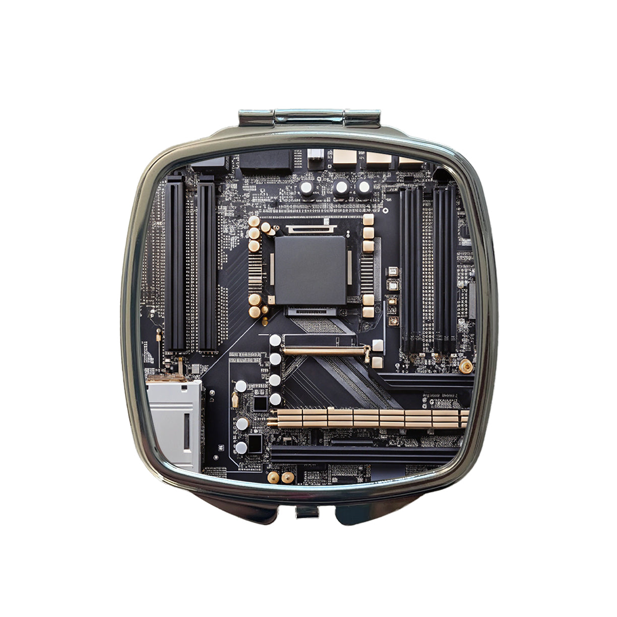 Black Gaming Computer Motherboard Small Travel Purse Handbag Pocket Makeup Compact Mirror