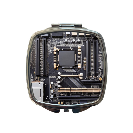 Black Gaming Computer Motherboard Small Travel Purse Handbag Pocket Makeup Compact Mirror