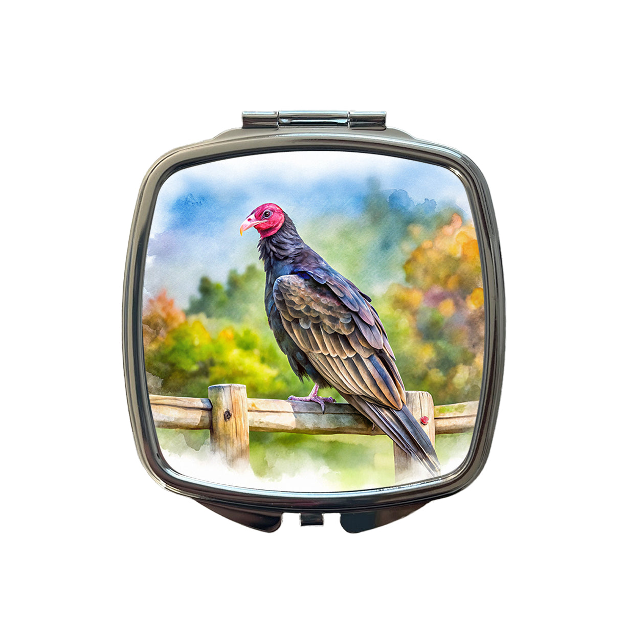 Black Turkey Vulture Sitting On Fence Watercolor Small Travel Purse Handbag Pocket Makeup Compact Mirror