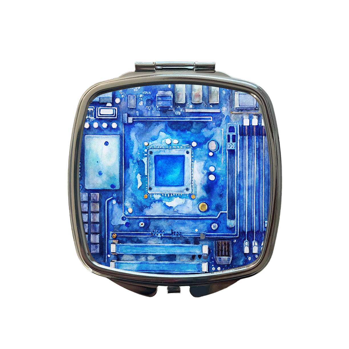 Blue Computer Motherboard Watercolor Small Travel Purse Handbag Pocket Makeup Compact Mirror