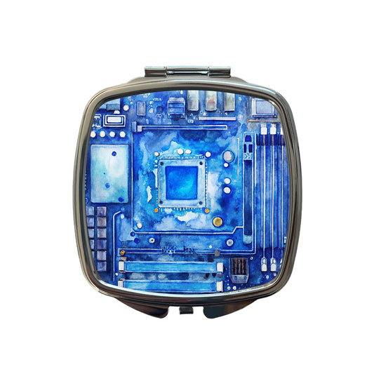 Blue Computer Motherboard Watercolor Small Travel Purse Handbag Pocket Makeup Compact Mirror