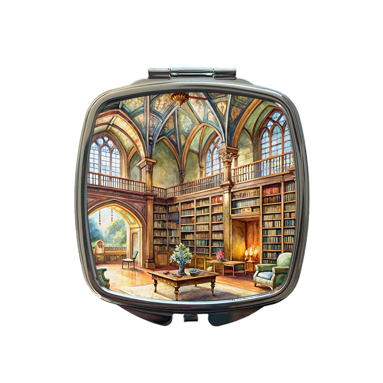 Castle Library Books Reading Watercolor Small Travel Purse Handbag Pocket Makeup Compact Mirror