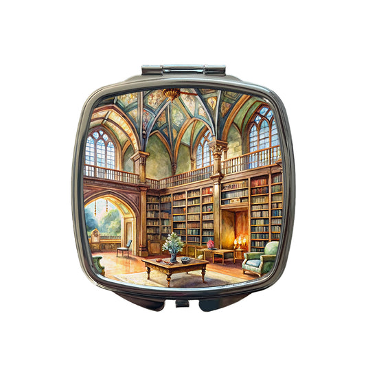 Castle Library Books Reading Watercolor Small Travel Purse Handbag Pocket Makeup Compact Mirror