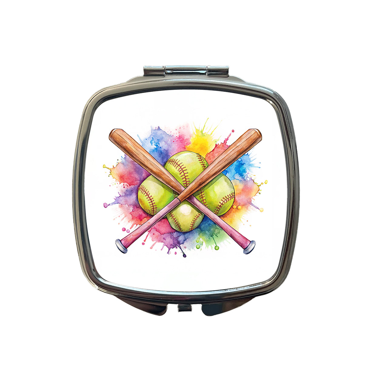 Crossed Softball Bats And Balls Watercolor Small Travel Purse Handbag Pocket Makeup Compact Mirror