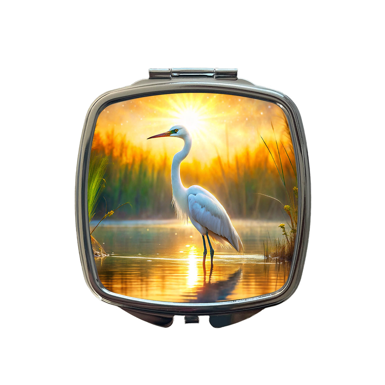 Egret Standing In Pond Backlit By The Sun Watercolor Small Travel Purse Handbag Pocket Makeup Compact Mirror