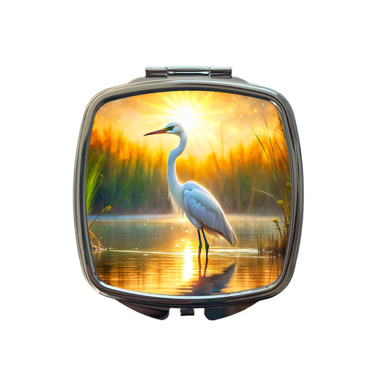 Egret Standing In Pond Backlit By The Sun Watercolor Small Travel Purse Handbag Pocket Makeup Compact Mirror