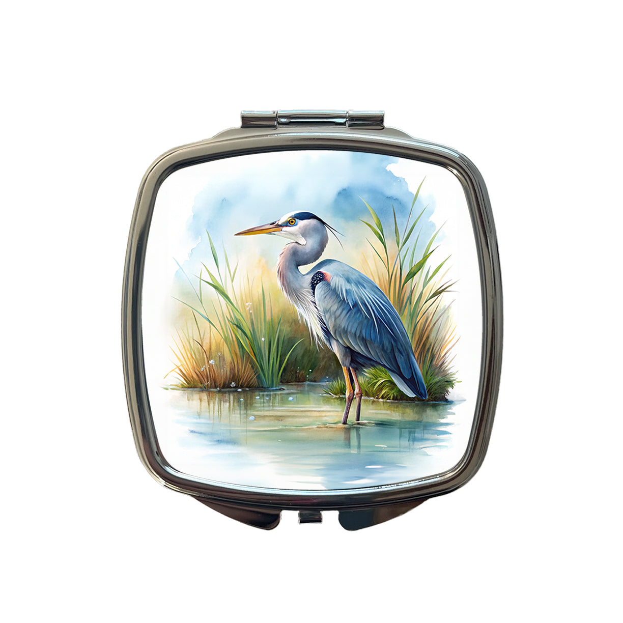 Great Blue Heron Standing In Marsh Pond Watercolor Small Travel Purse Handbag Pocket Makeup Compact Mirror