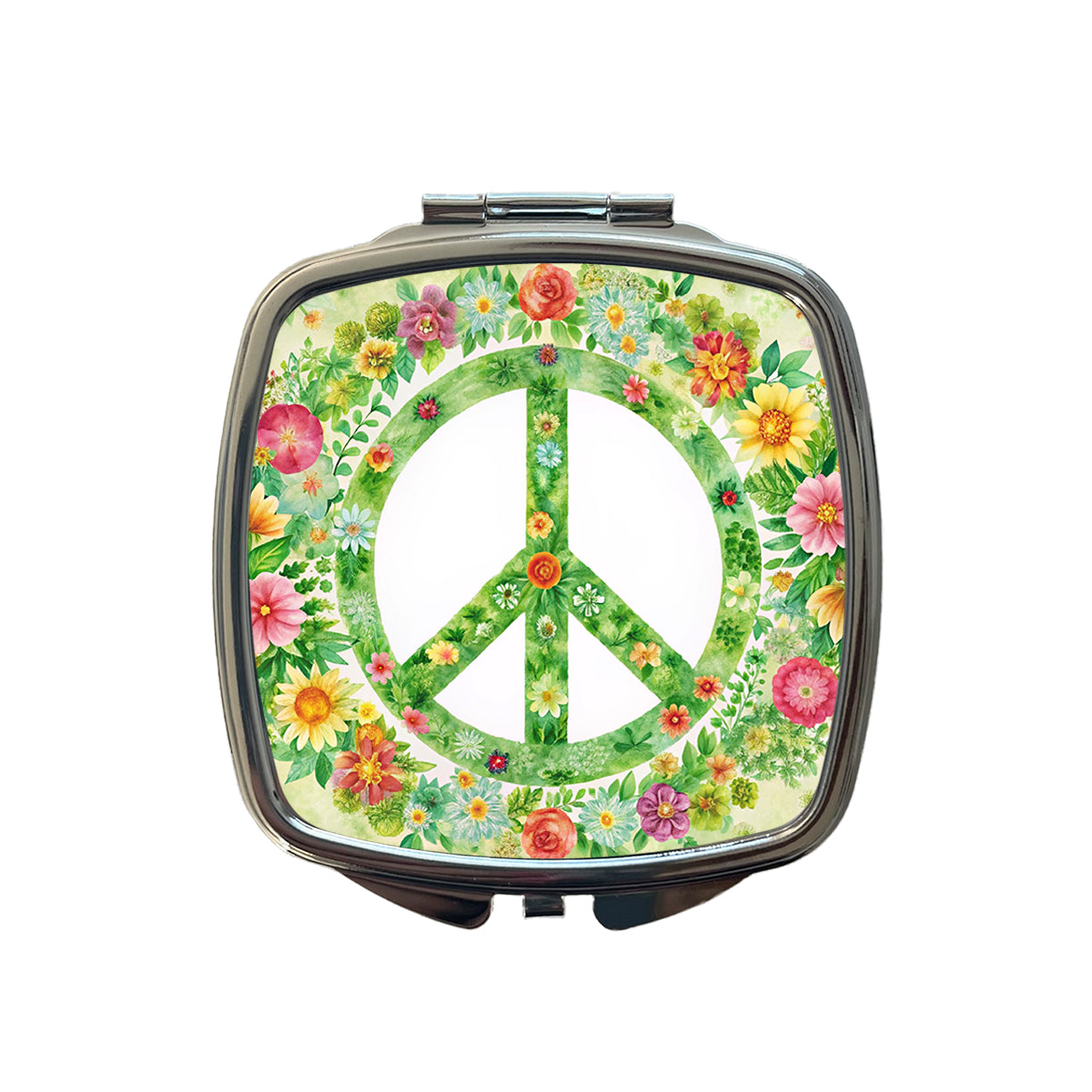 Green Peace Symbol Hippie Floral Watercolor Small Travel Purse Handbag Pocket Makeup Compact Mirror