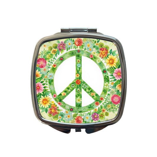 Green Peace Symbol Hippie Floral Watercolor Small Travel Purse Handbag Pocket Makeup Compact Mirror