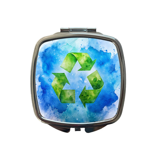 Green Recycle Symbol On A Blue Background Watercolor Small Travel Purse Handbag Pocket Makeup Compact Mirror