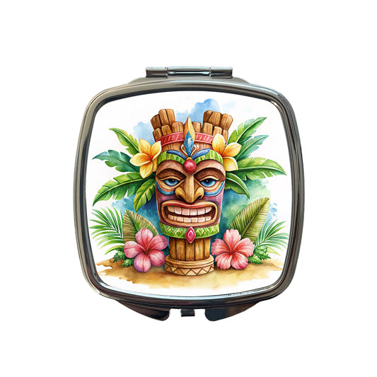 Hawaiian Tiki Statue Watercolor Small Travel Purse Handbag Pocket Makeup Compact Mirror