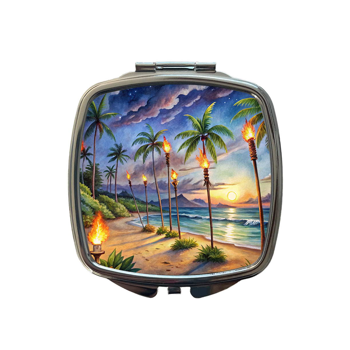 Hawaiian Tropical Beach Scene At Night Lit With Tiki Torches Small Travel Purse Handbag Pocket Makeup Compact Mirror