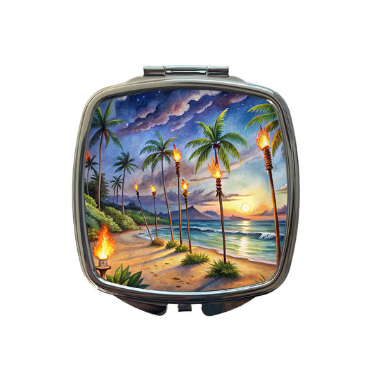 Hawaiian Tropical Beach Scene At Night Lit With Tiki Torches Small Travel Purse Handbag Pocket Makeup Compact Mirror