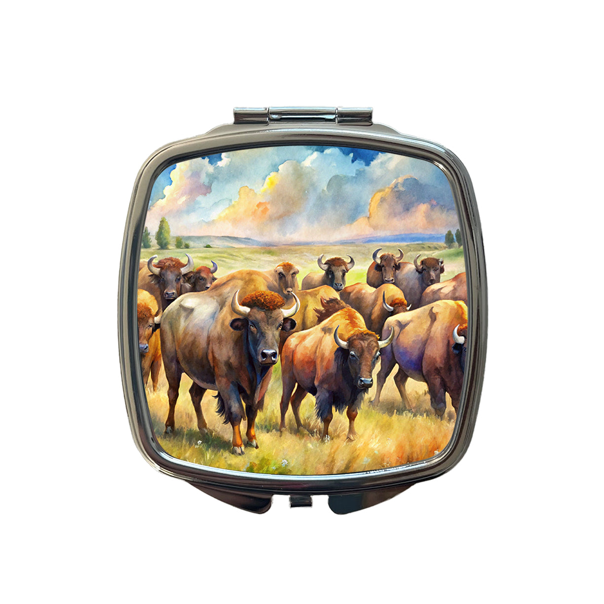 Herd Of Buffalo Bison On The Prairie Watercolor Small Travel Purse Handbag Pocket Makeup Compact Mirror