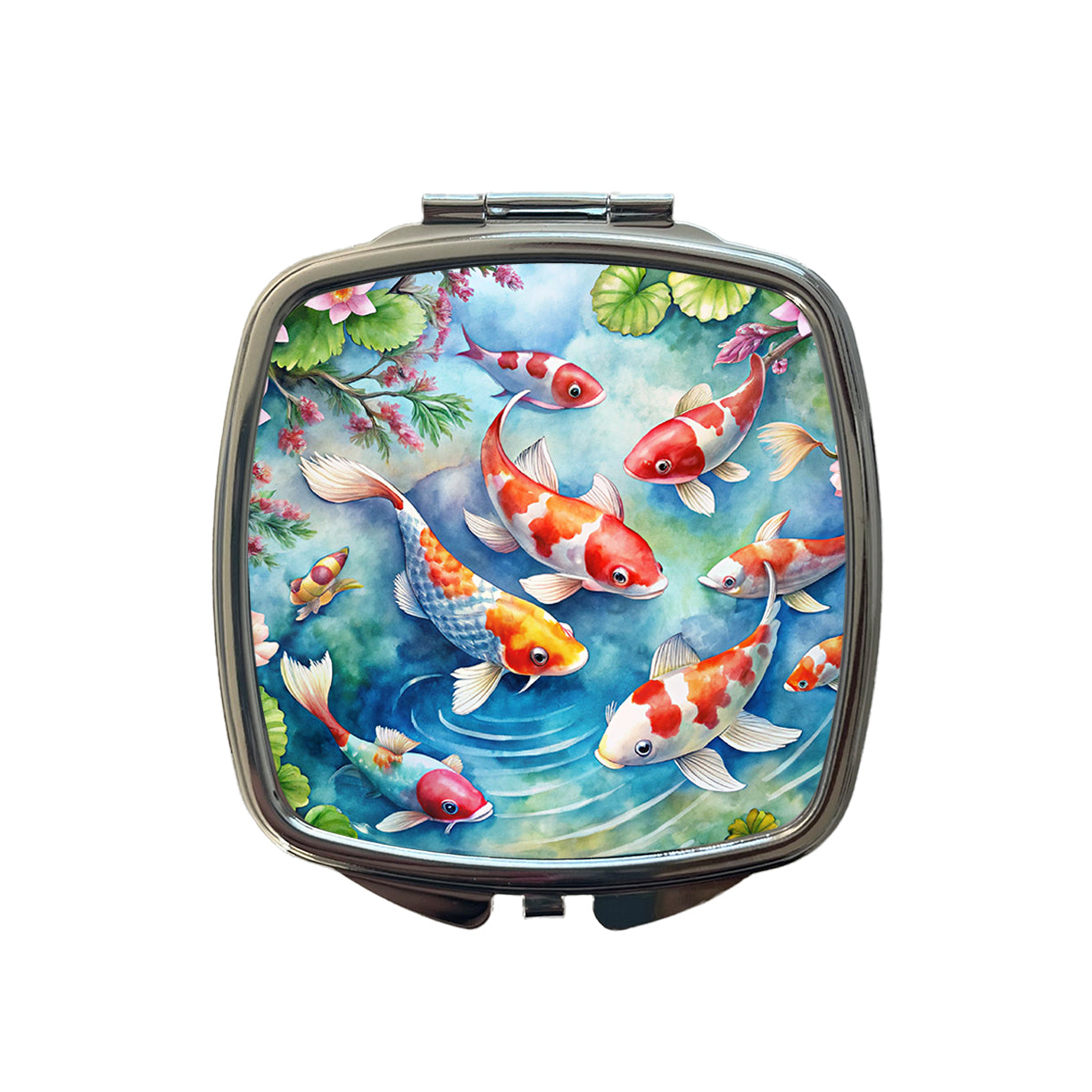 Japanese Koi Pond Scene Watercolor Small Travel Purse Handbag Pocket Makeup Compact Mirror