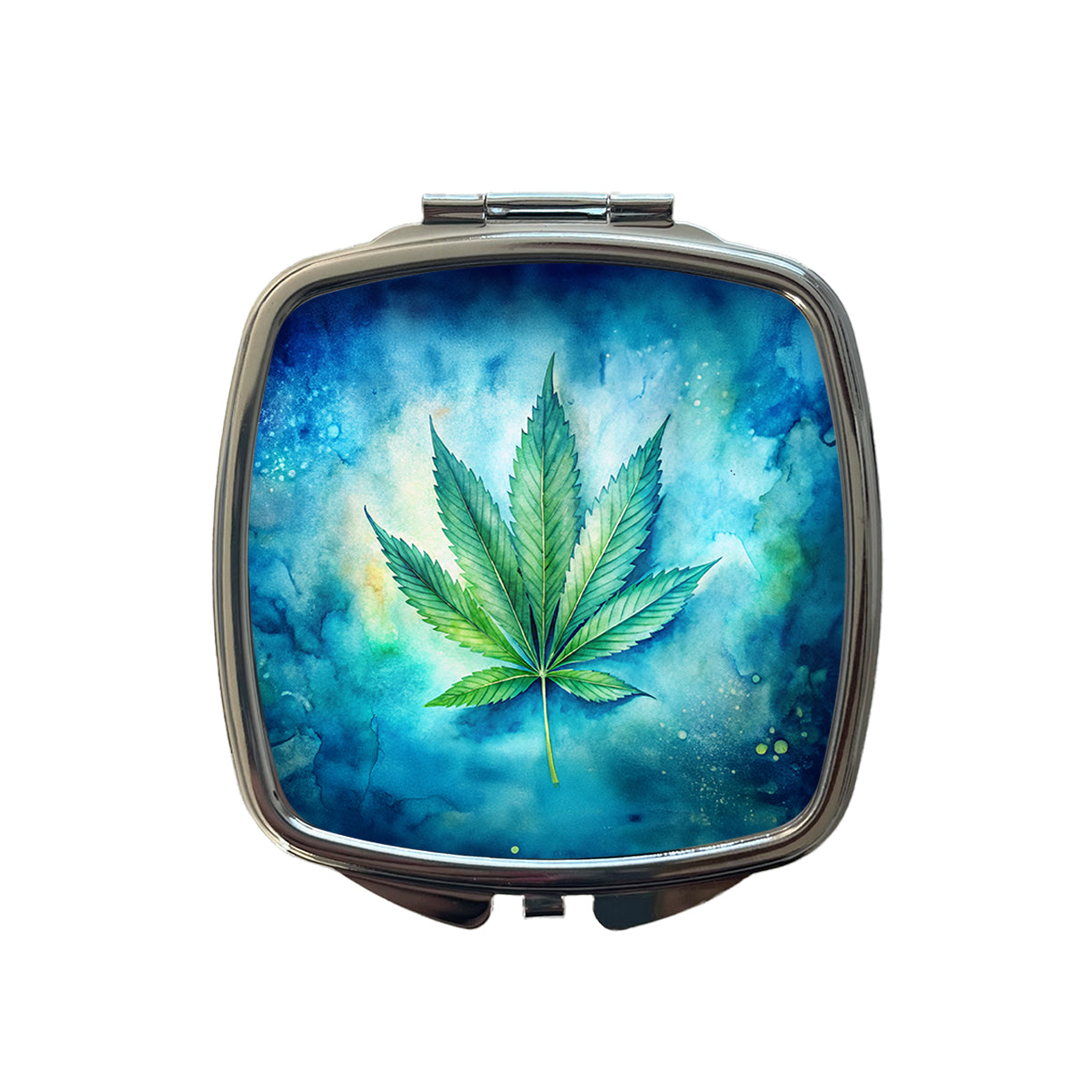 Marijuana Leaf on Blue Background Watercolor Small Travel Purse Handbag Pocket Makeup Compact Mirror