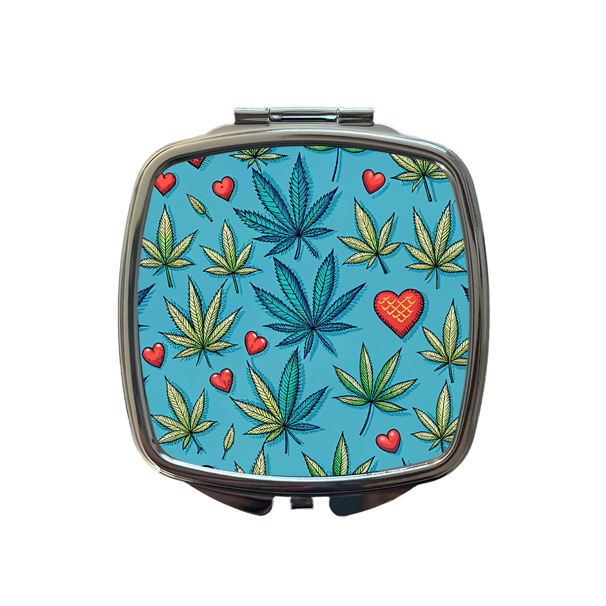 Marijuana Leaves And Hearts Blue Background Small Travel Purse Handbag Pocket Makeup Compact Mirror
