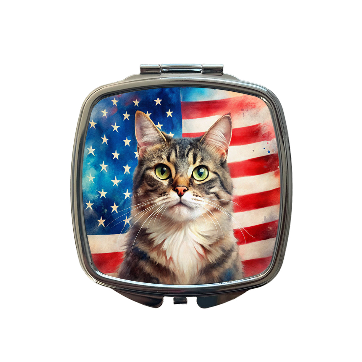 Patriotic Cat Watercolor American Flag Background Small Travel Purse Handbag Pocket Makeup Compact Mirror
