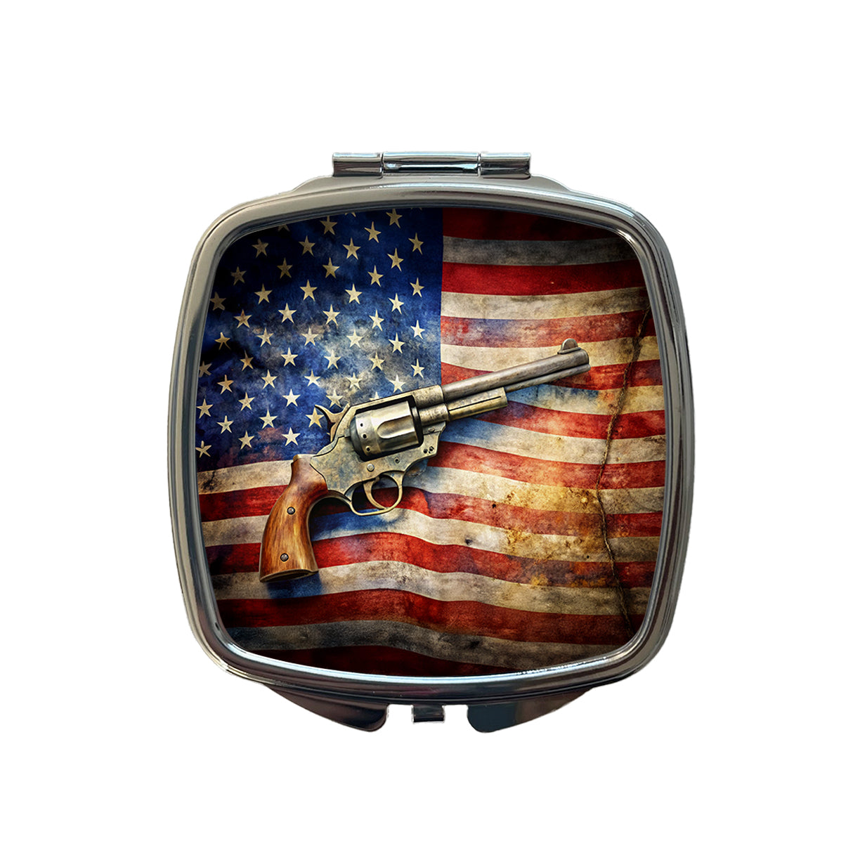 Patriotic Western Revolver With American Flag 2nd Amendment Watercolor Small Travel Purse Handbag Pocket Makeup Compact Mirror
