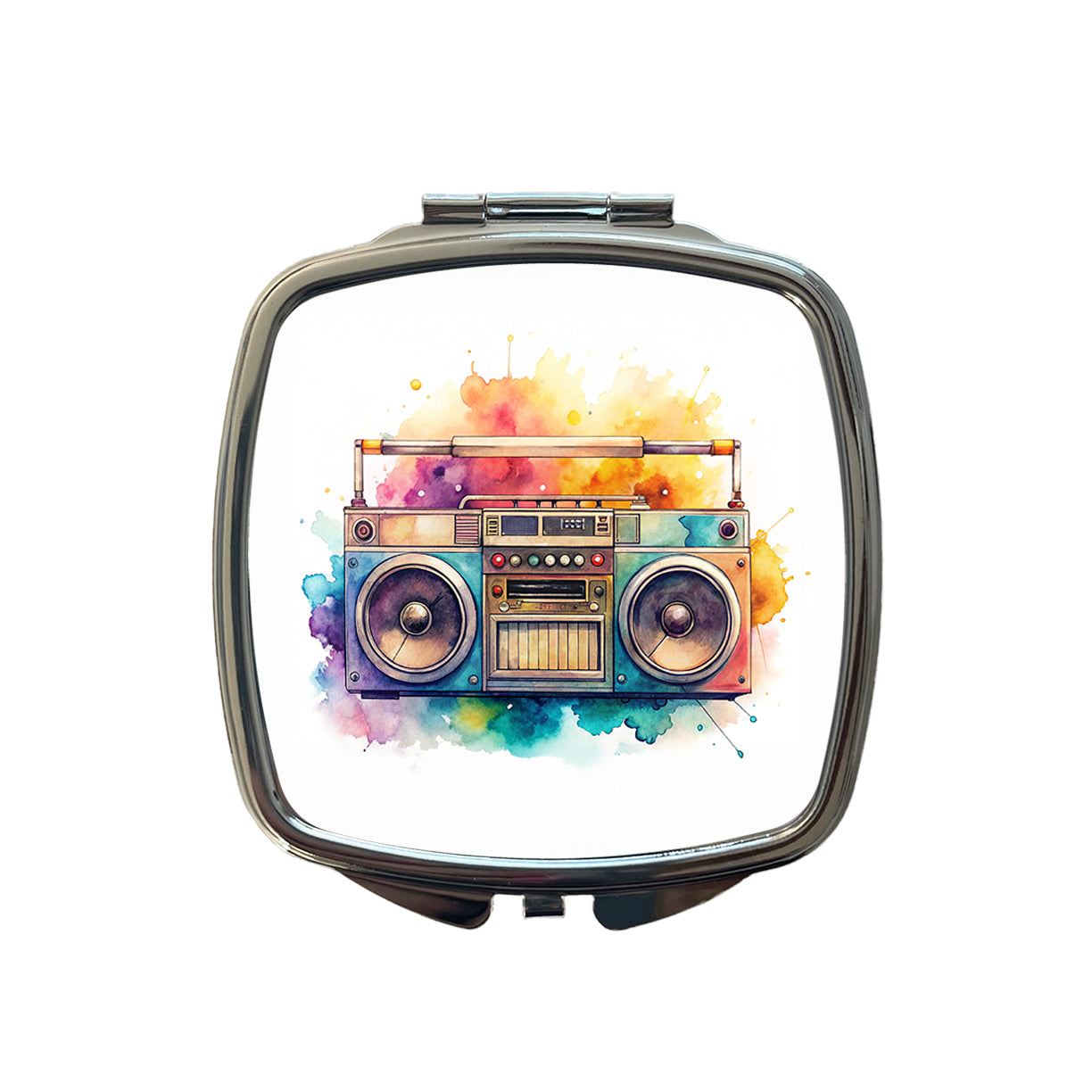 Retro Boom Box Radio Cassette Player Watercolor Small Travel Purse Handbag Pocket Makeup Compact Mirror